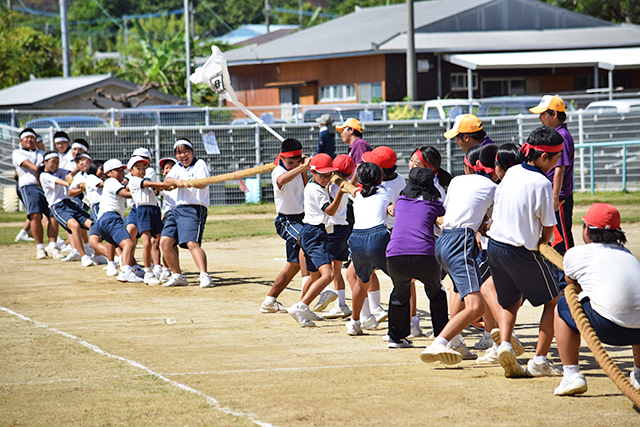 尾母小中全校生徒での紅白対抗綱引き