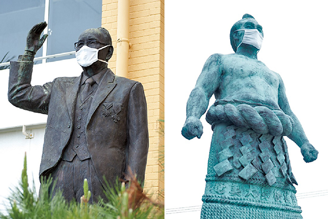 町内の10の銅像・胸像がマスク姿に