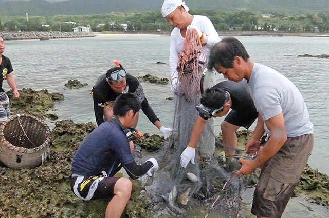 追い込み漁で網にかかった魚を外す地元住民ら