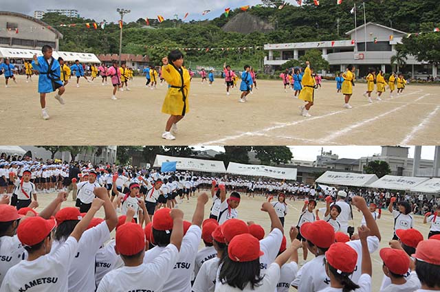 （写真上）亀徳小学校1-3年生全児童の息が揃った「かめとくばんばん」の踊り、（写真下）亀津小学校の全児童参加の迫力溢れる応援合戦