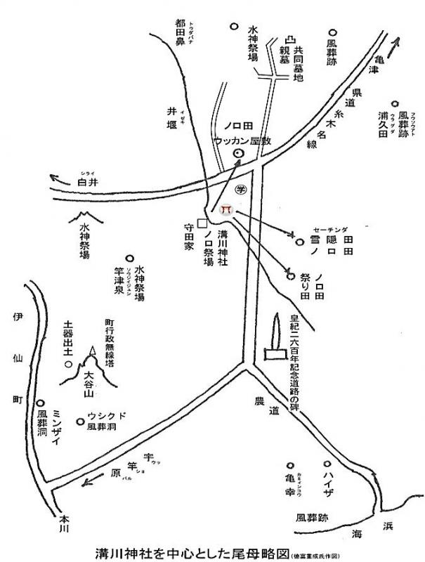 溝川神社を中心とした尾母略図